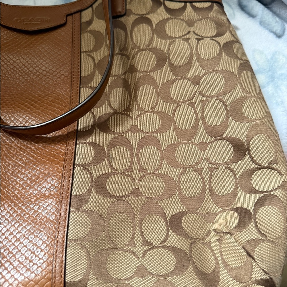 COACH F31444 Signature Snakeskin Stripe Saddle Tote Khaki Shoulder Bag EUC - Picture 14 of 16